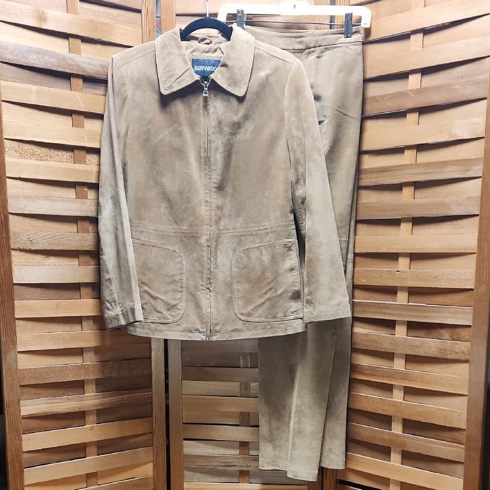 Bernardo Tan Suede Women M Jacket 6 Pants Leather Suit Polyester Lining Coat